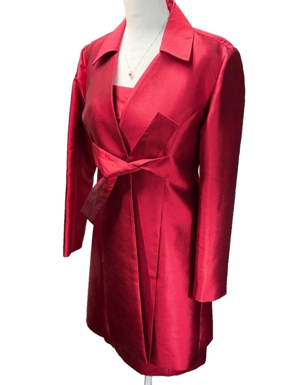 VTG Melinda Eng Red Silk Wool Wrap Coat and Strapless Cocktail Dress Set Size 6